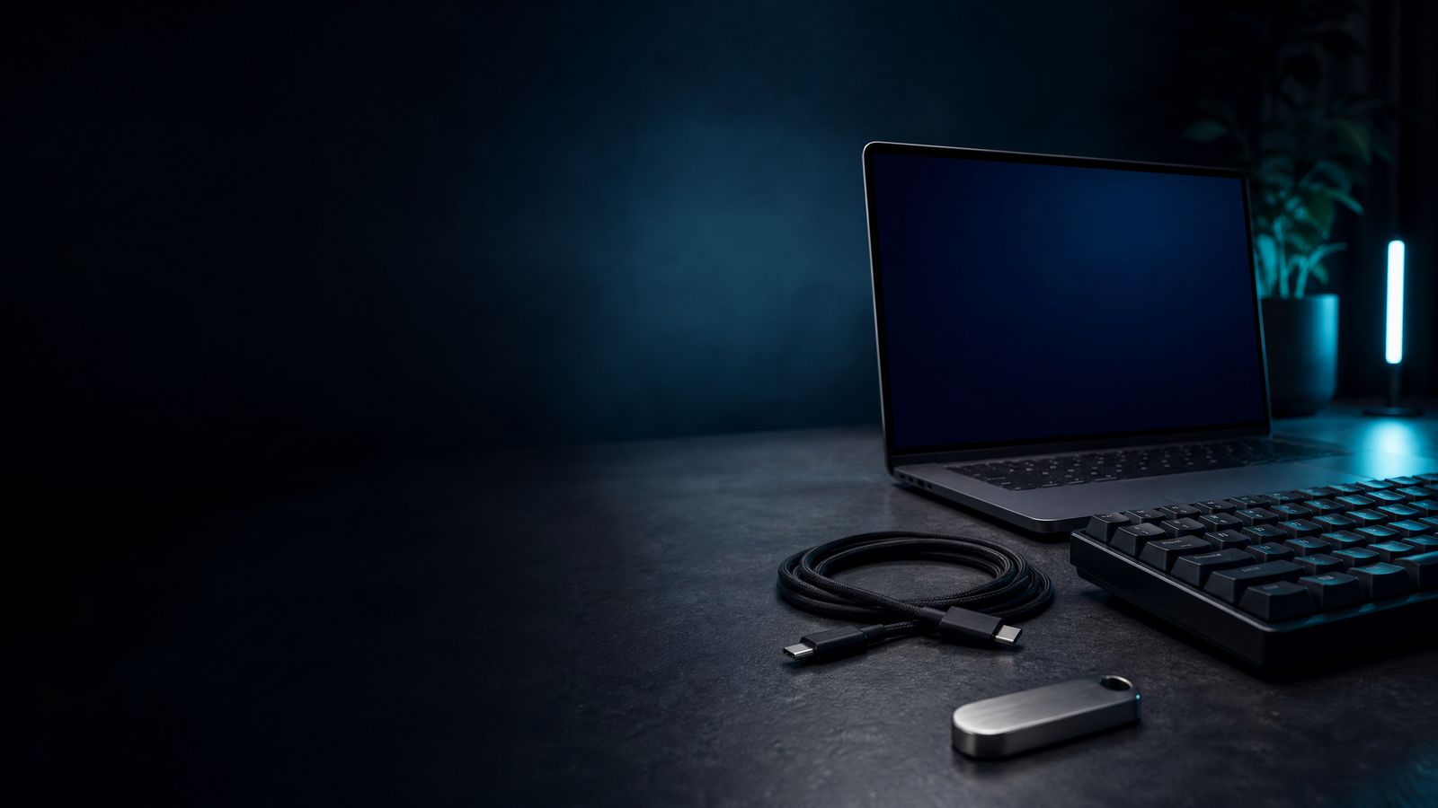 A desktop workstation photographed in low light: an open laptop with a dark screen, a keyboard, a coiled USB cable and a small unbranded metal hardware signing device.