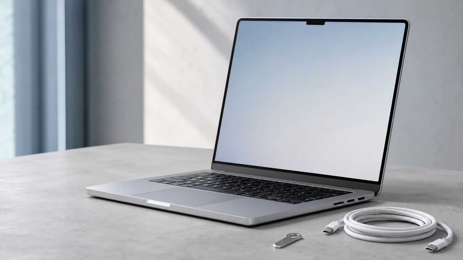 A slim silver laptop on a pale desk with a coiled white USB-C cable and a small unbranded metal hardware signing device beside it.